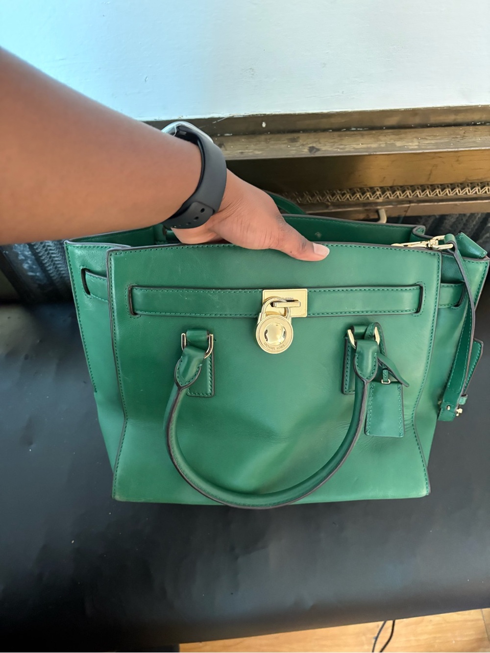 Michael Kors Emerald Green Leather Tote with Gold Hardware